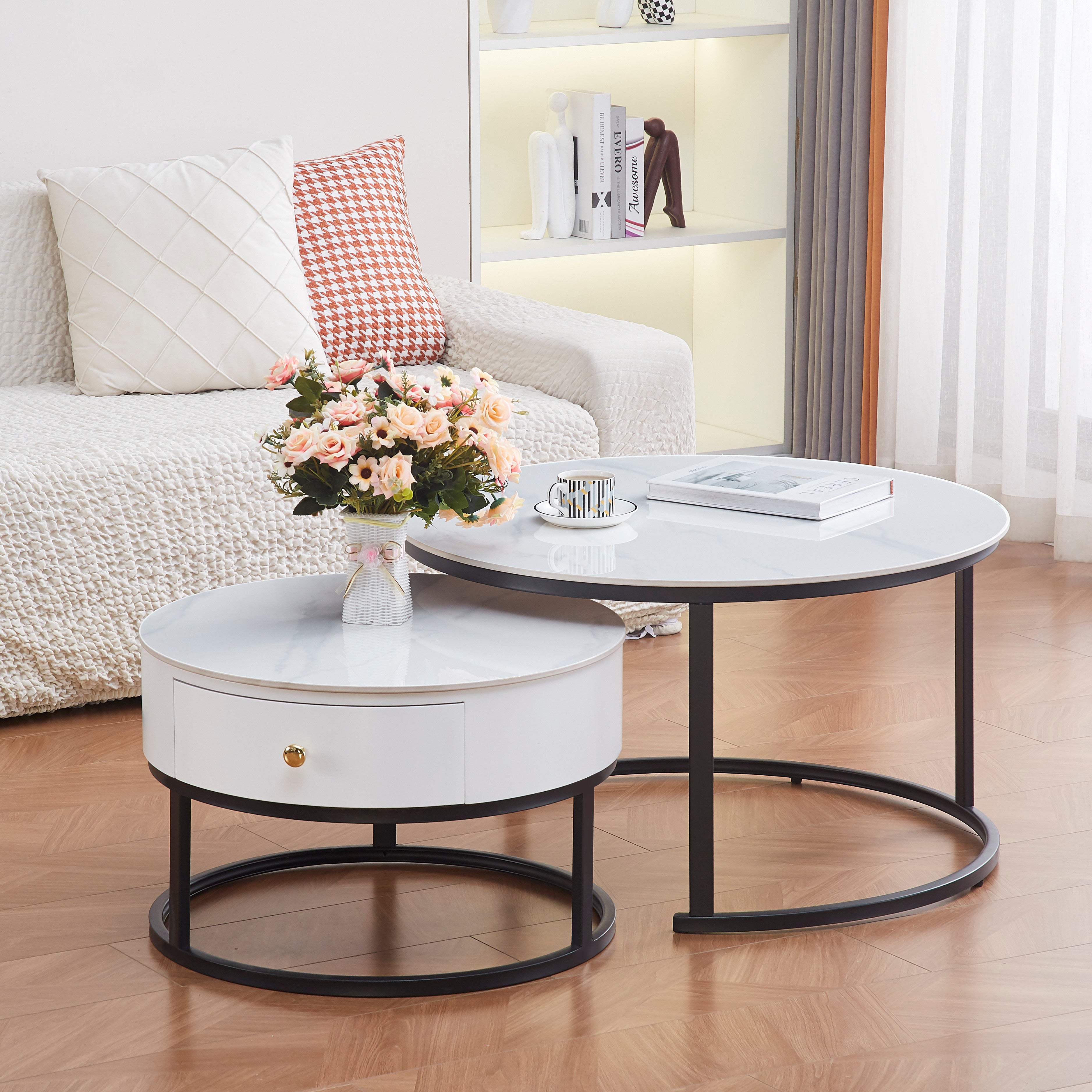 Table basse GIGOGNE SAMIRA avec tiroir céramique en marbre blanc