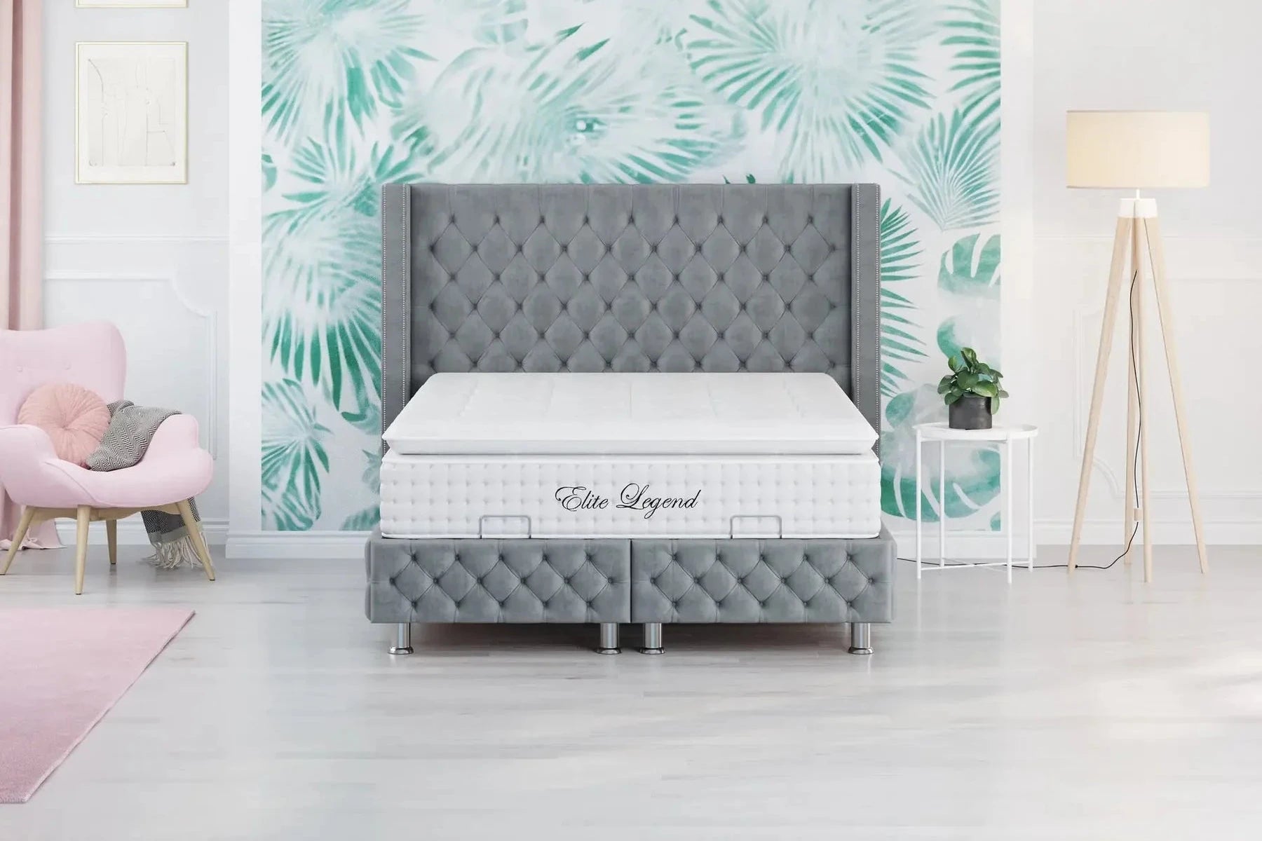Pack - Lit coffre CLOUTÉ + Matelas 20cm + 2 Oreillers