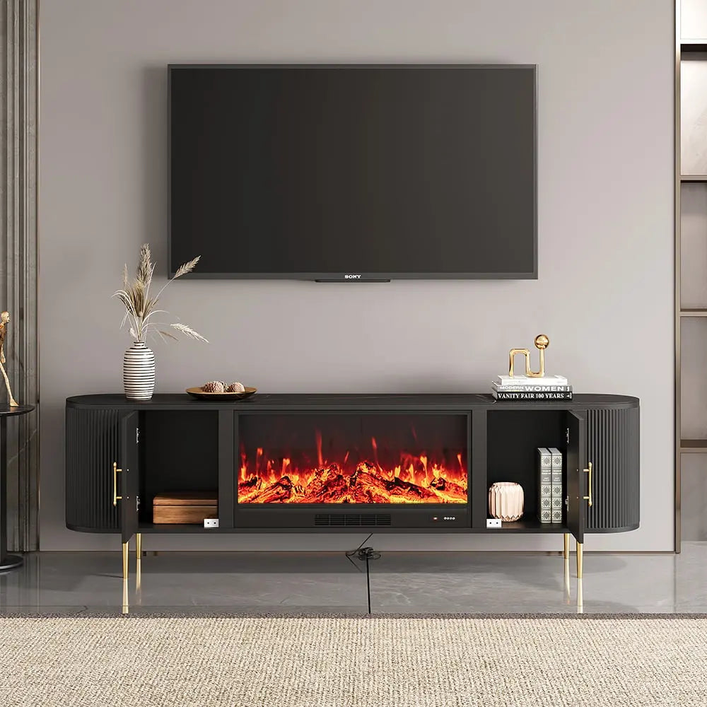 Meuble TV avec cheminée électrique marbre pied doré ACCESS MEUBLE
