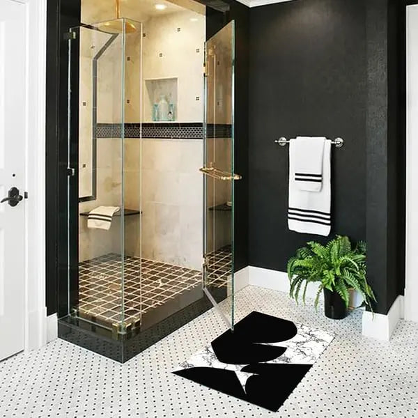 Ensemble de 2 tapis de bain géométriques noirs et blancs à texture marbrée, ensembles de tapis absorbants antidérapants ACCESS MEUBLE