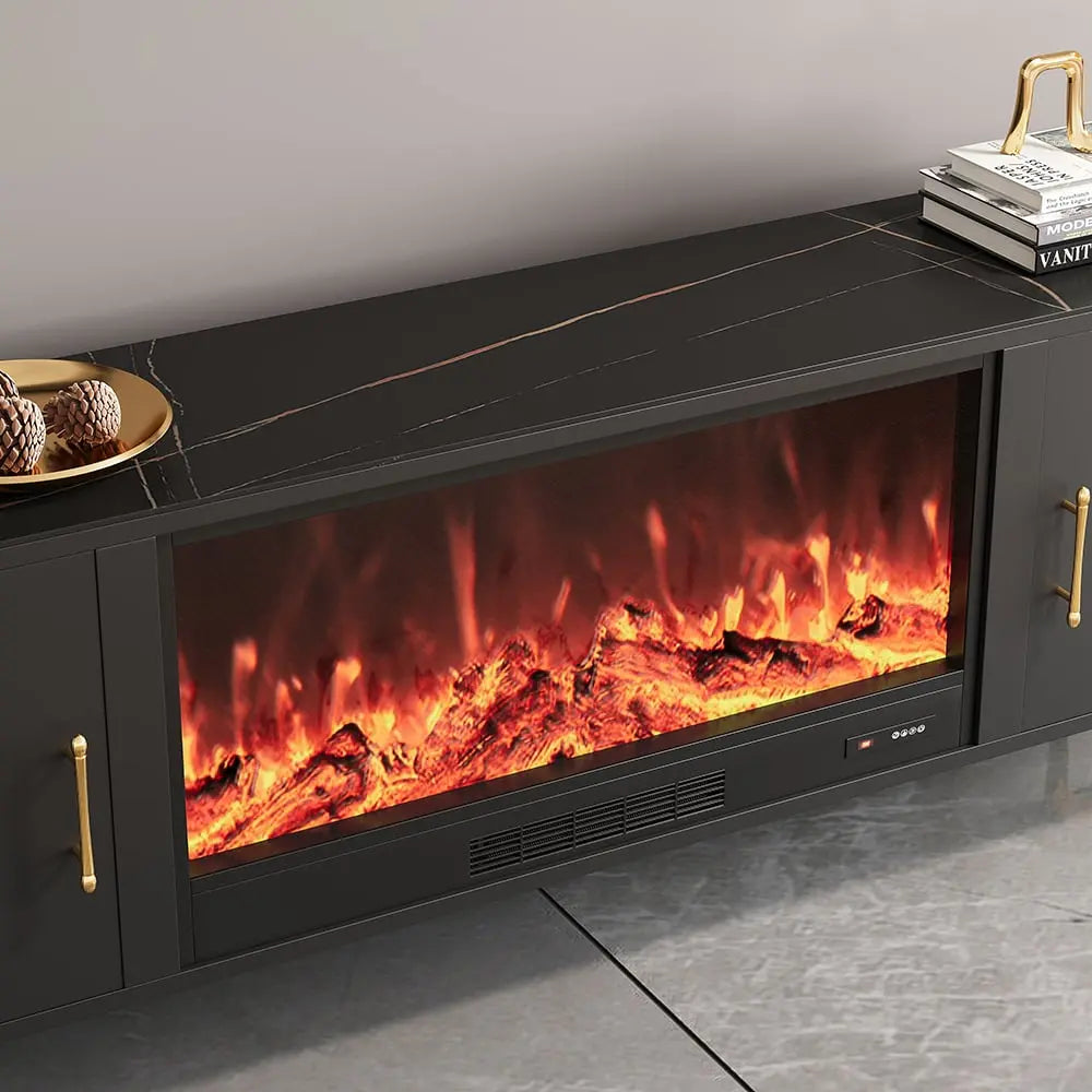 Meuble TV avec cheminée électrique marbre pied doré ACCESS MEUBLE