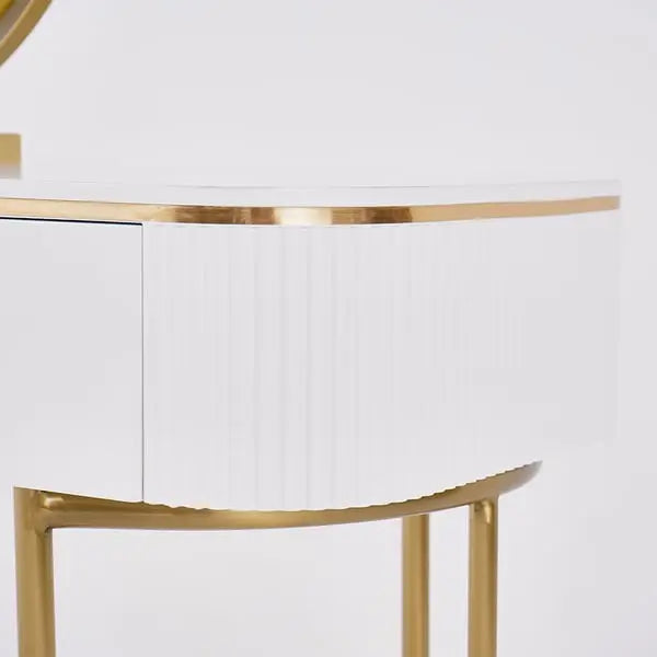 Coiffeuse ovale blanc avec 2 tiroirs miroir rotatif et tabouret ACCESS MEUBLE