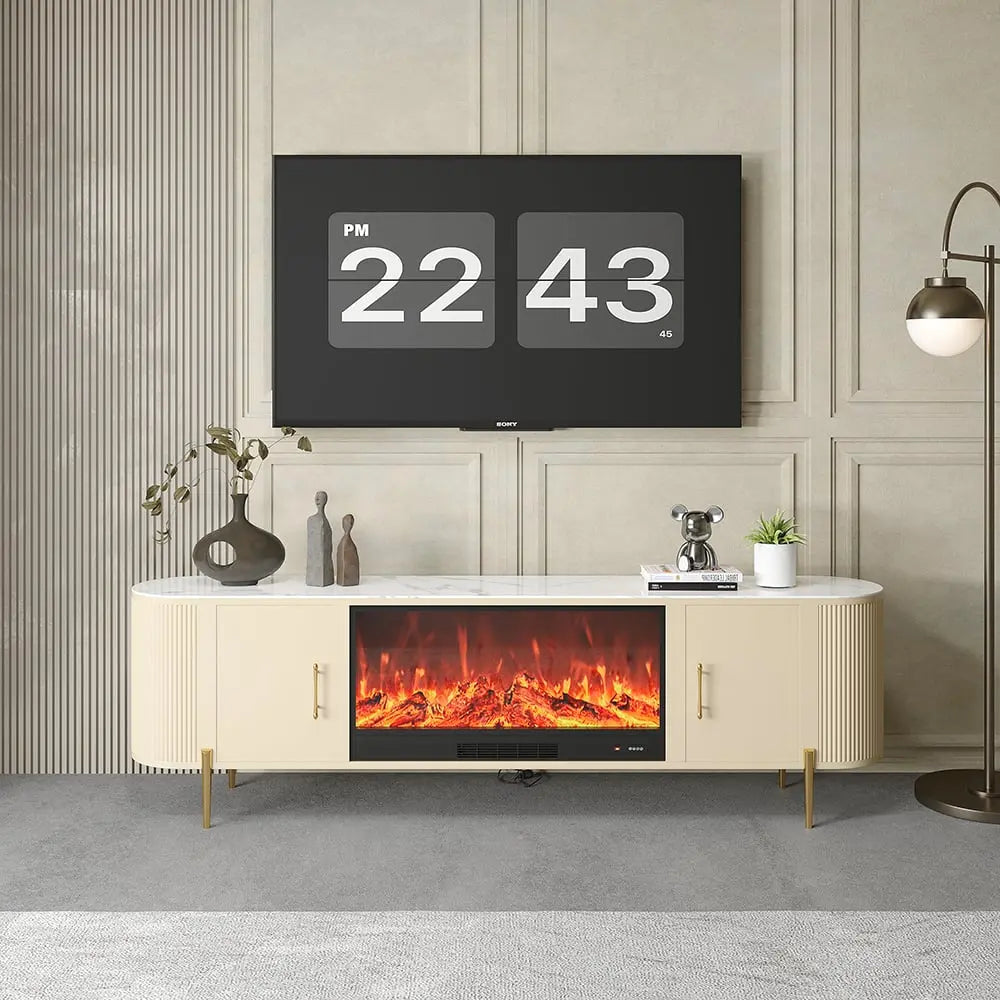 Meuble TV avec cheminée électrique marbre pied doré ACCESS MEUBLE