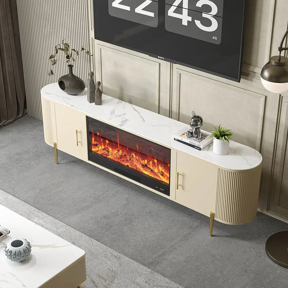 Meuble TV avec cheminée électrique marbre pied doré ACCESS MEUBLE