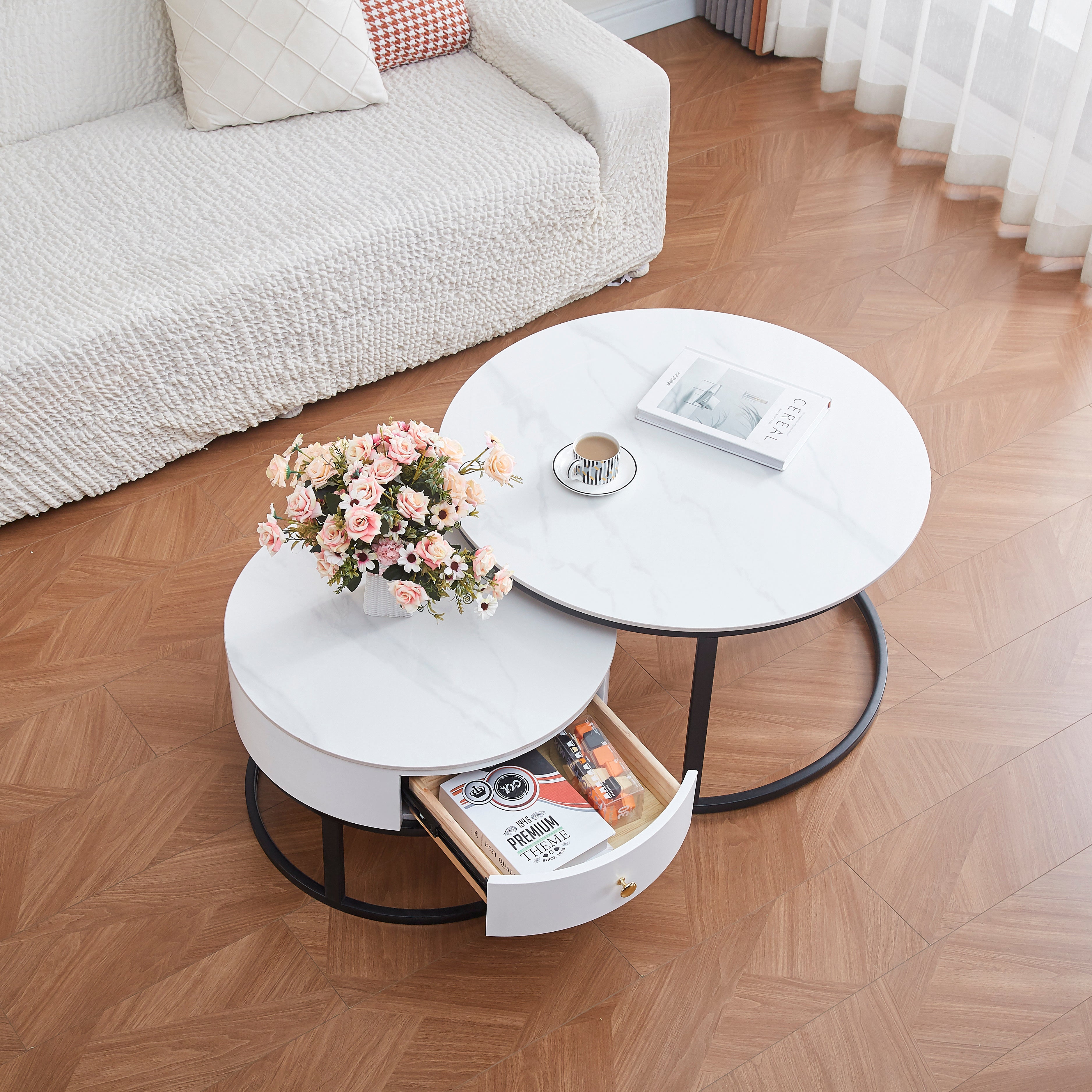 Table basse GIGOGNE SAMIRA avec tiroir céramique en marbre blanc