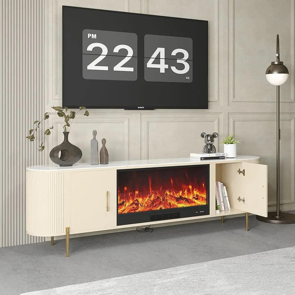 Meuble TV avec cheminée électrique marbre pied doré ACCESS MEUBLE