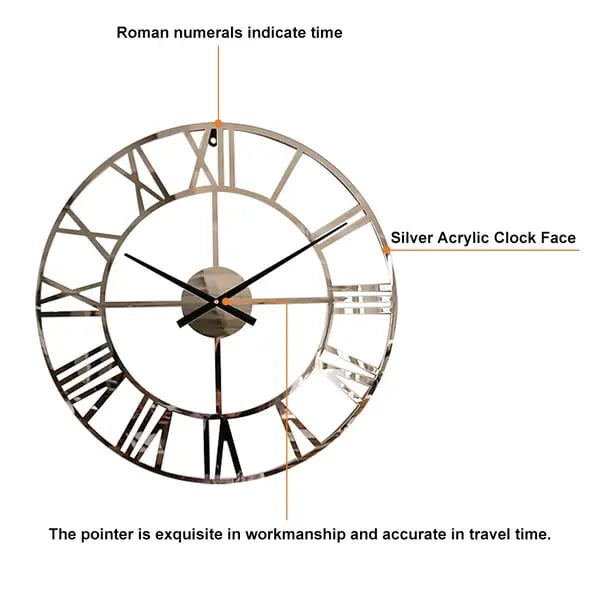 Grande horloge murale silencieuse ronde en argent, chiffres romains, art décoratif moderne en acrylique ACCESS MEUBLE