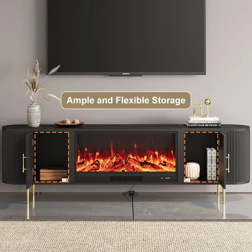 Meuble TV avec cheminée électrique marbre pied doré ACCESS MEUBLE