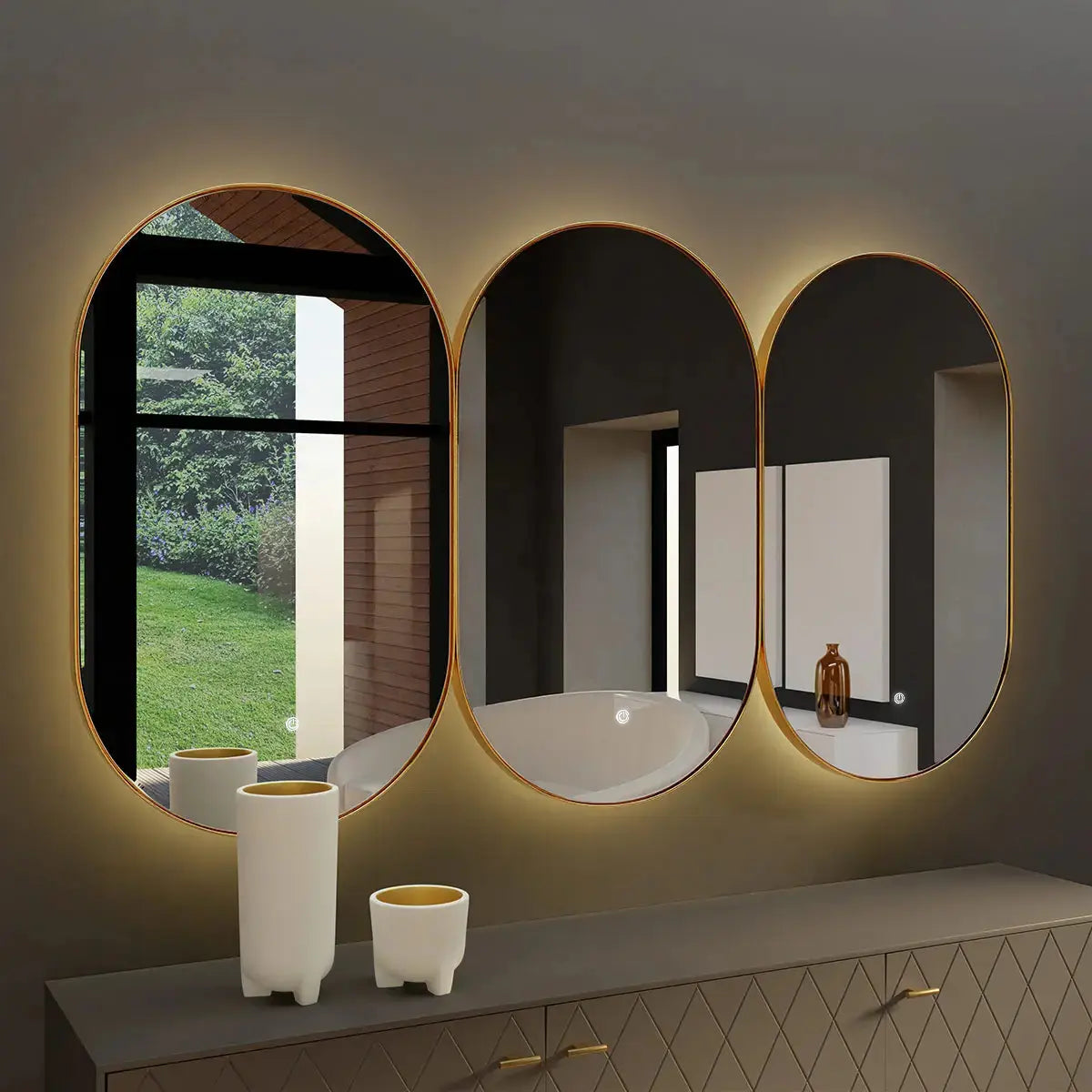 Miroir ovale doré avec bouton-poussoir LED ACCESS MEUBLE