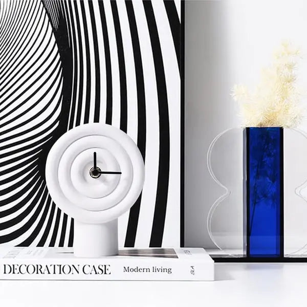 Horloge de table minimaliste en résine blanche à cercle géométrique, pointeur noir, décoration de bureau ACCESS MEUBLE