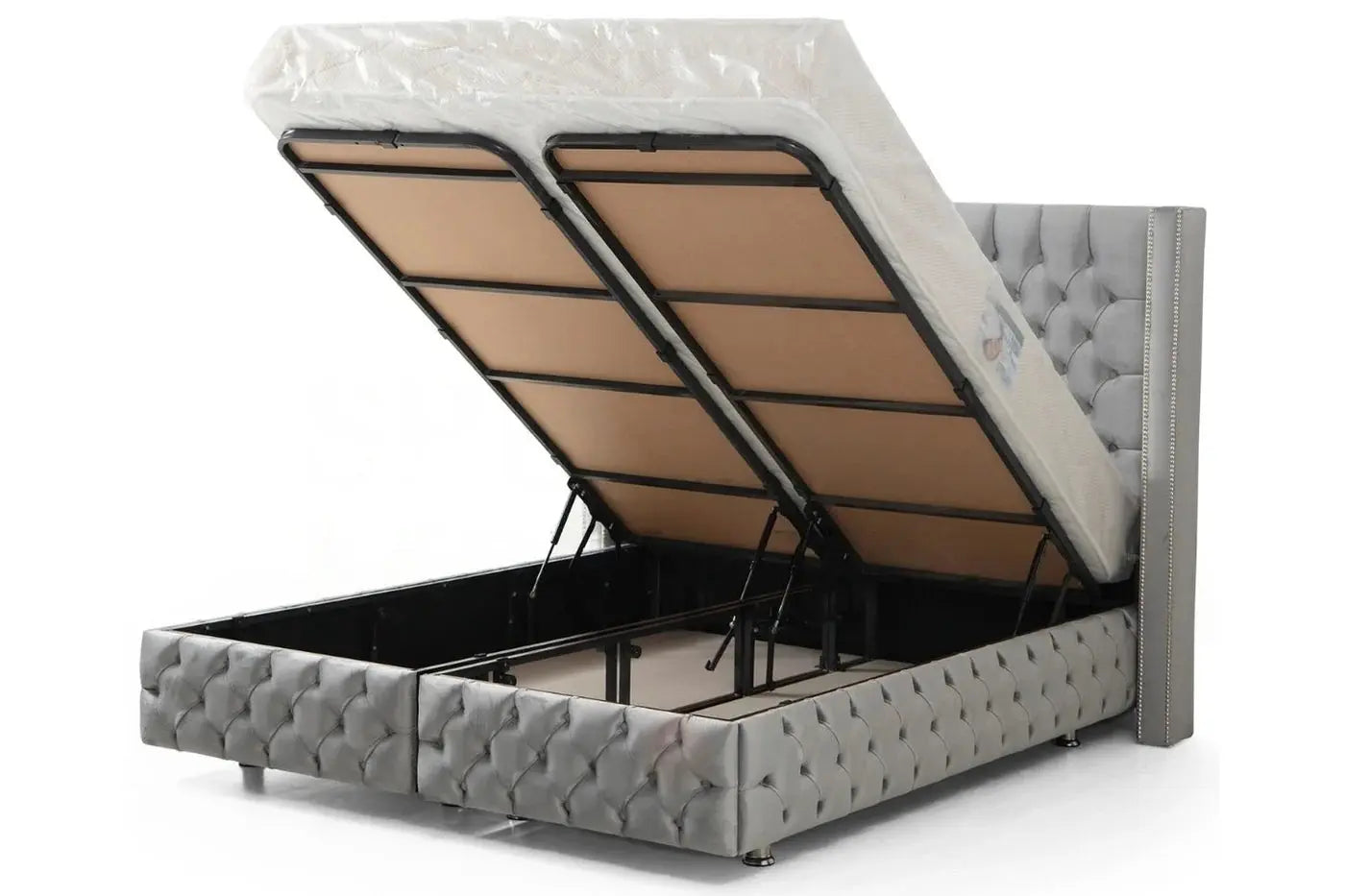 Pack - Lit coffre CLOUTÉ + Matelas 20cm + 2 Oreillers