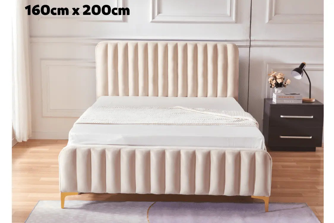 LIT FAYE CAPITONNE EN LIGNE VELOURS BEIGE 160x200 cm ACCESS MEUBLE