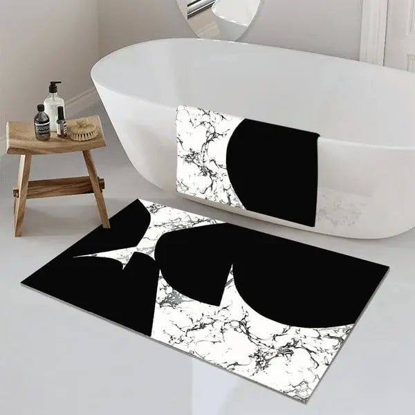 Ensemble de 2 tapis de bain géométriques noirs et blancs à texture marbrée, ensembles de tapis absorbants antidérapants ACCESS MEUBLE