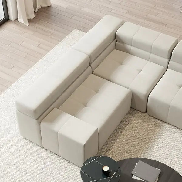 Canapé sectionnel modulaire moderne en velours blanc cassé en forme de L de 3380 mm avec méridienne ACCESS MEUBLE