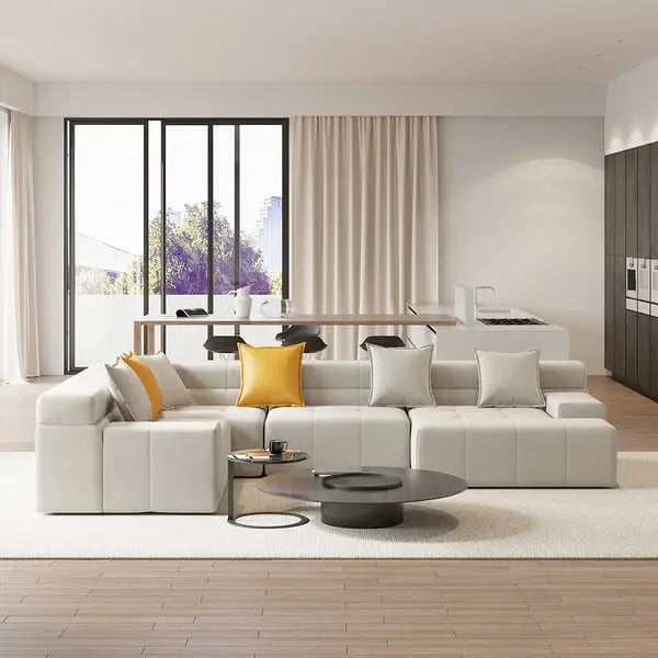 Canapé sectionnel modulaire moderne en velours blanc cassé en forme de L de 3380 mm avec méridienne ACCESS MEUBLE