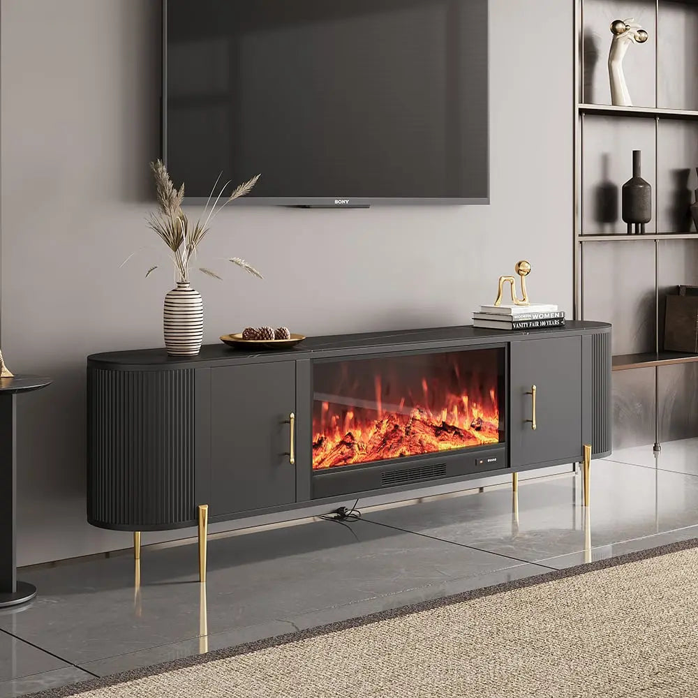 Meuble TV avec cheminée électrique marbre pied doré ACCESS MEUBLE