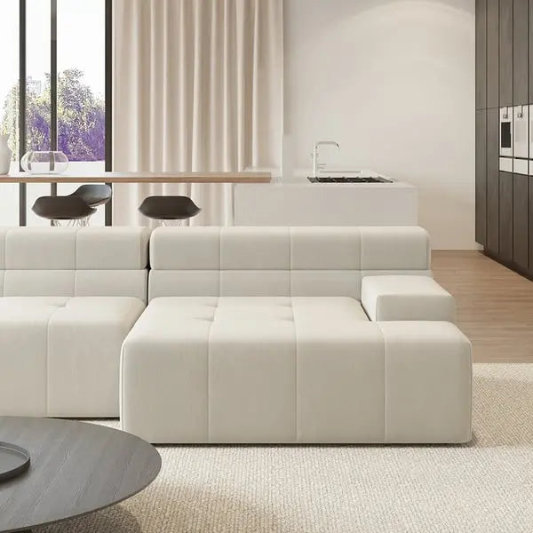 Canapé sectionnel modulaire moderne en velours blanc cassé en forme de L de 3380 mm avec méridienne ACCESS MEUBLE