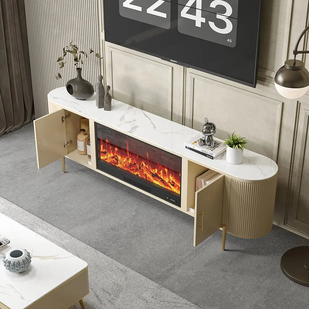 Meuble TV avec cheminée électrique marbre pied doré ACCESS MEUBLE