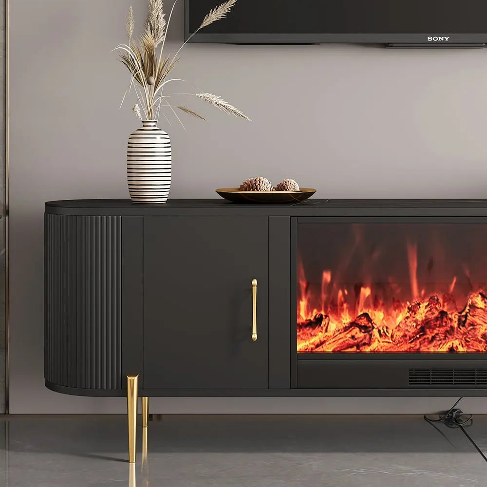 Meuble TV avec cheminée électrique marbre pied doré ACCESS MEUBLE