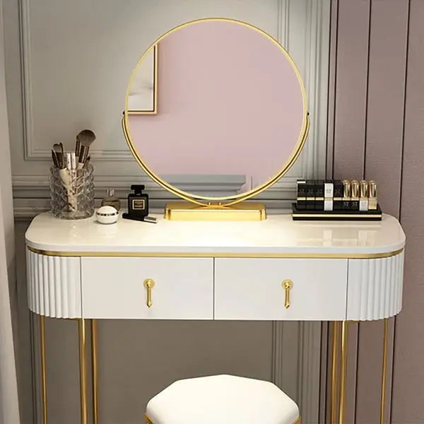 Coiffeuse ovale blanc avec 2 tiroirs miroir rotatif et tabouret ACCESS MEUBLE