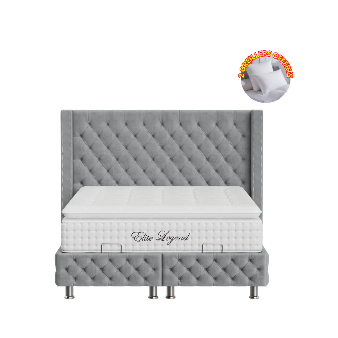 Pack - Lit coffre CLOUTÉ + Matelas 20cm + 2 Oreillers