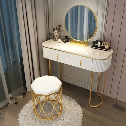 Coiffeuse ovale blanc avec 2 tiroirs miroir rotatif et tabouret ACCESS MEUBLE