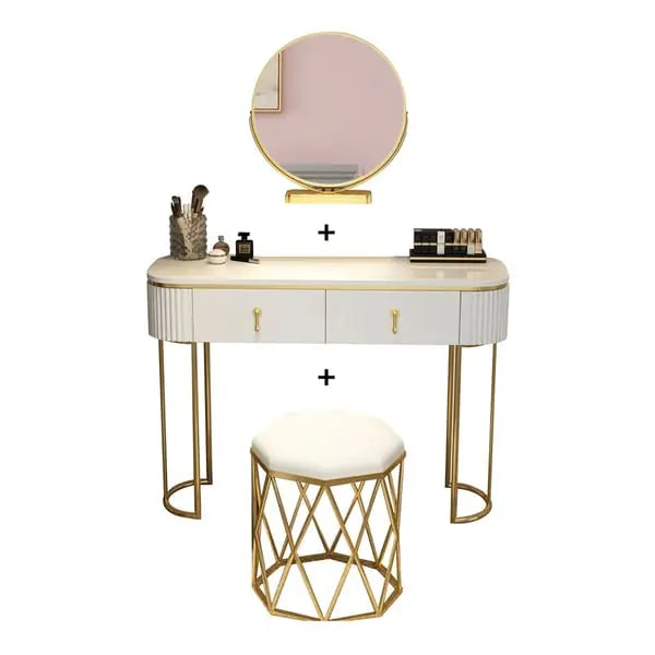 Coiffeuse ovale blanc avec 2 tiroirs miroir rotatif et tabouret ACCESS MEUBLE