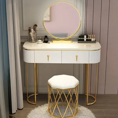 Coiffeuse ovale blanc avec 2 tiroirs miroir rotatif et tabouret ACCESS MEUBLE