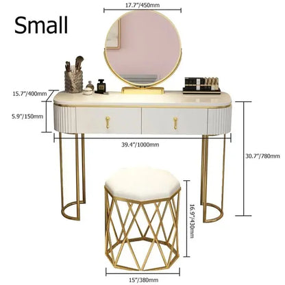 Coiffeuse ovale blanc avec 2 tiroirs miroir rotatif et tabouret ACCESS MEUBLE