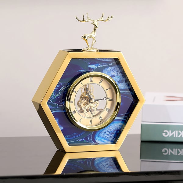 Horloge de bureau hexagonale en métal et agate au design glamour en forme de tête de cerf, décoration d'intérieur, horloge de table dorée ACCESS MEUBLE
