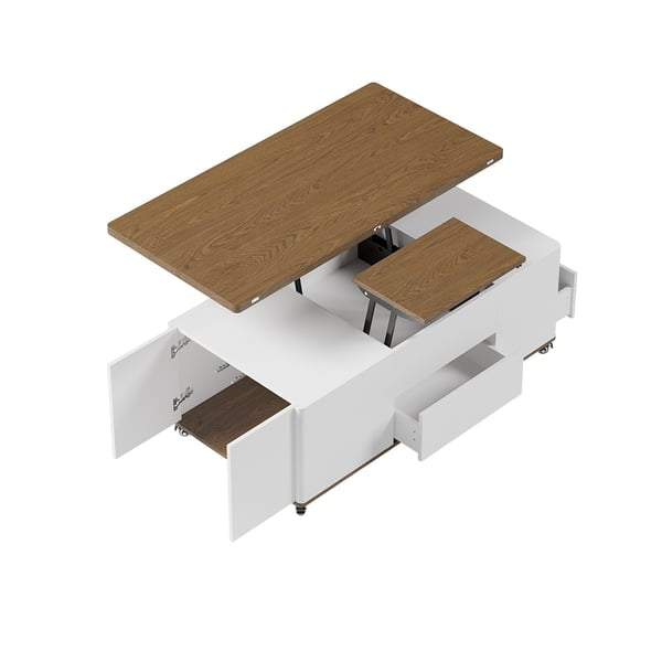 TABLE BASSE EXTENSIBLE ET RELEVABLE AVEC 3 TIROIRS, BLANC ET NOYER, MULTIFONCTIONNELLE ACCESS MEUBLE