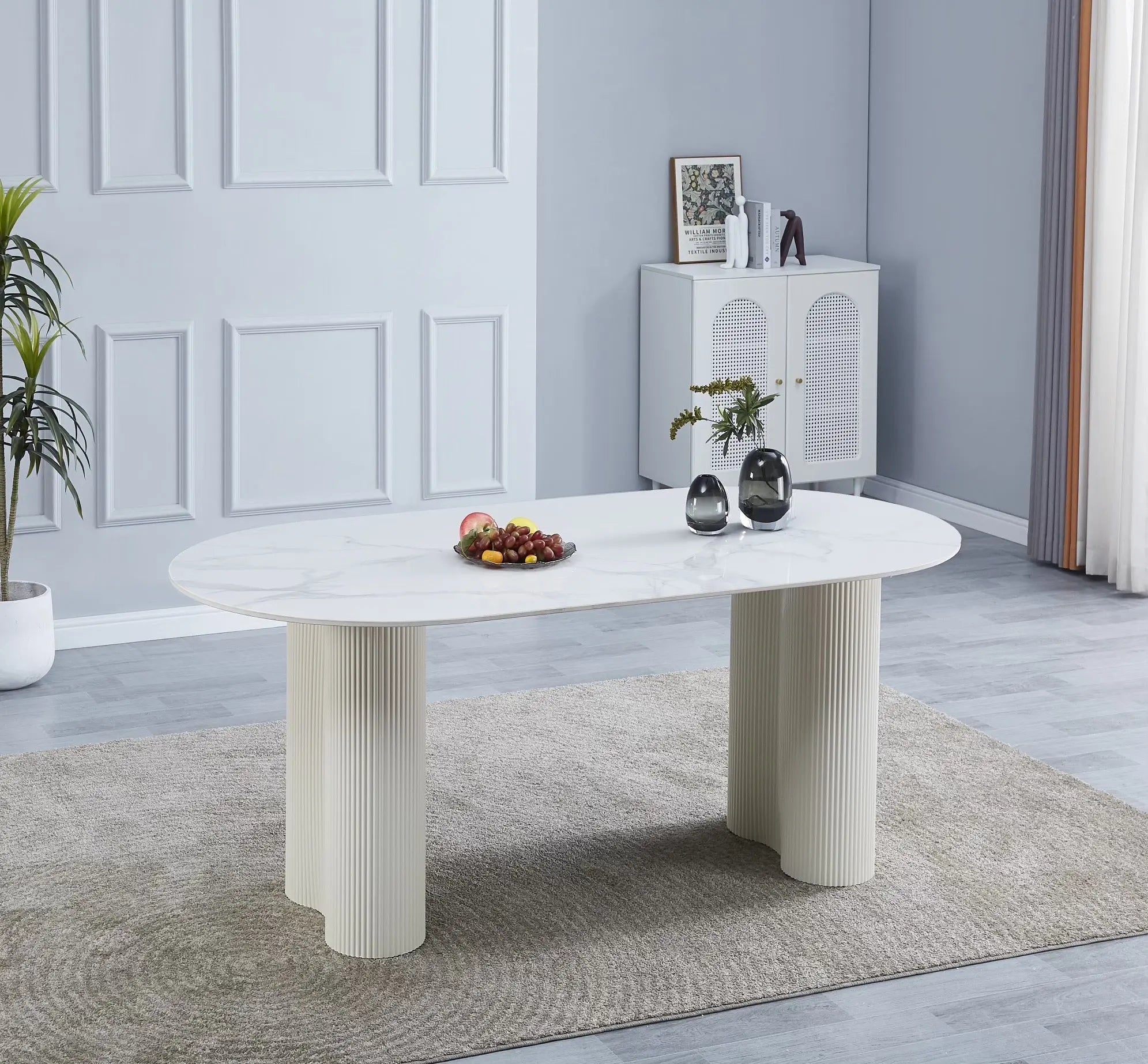 TABLE À MANGER VENEZIA PIEDS BEIGE PLATEAU CERAMIQUE MARBRE BLANC ACCESS MEUBLE