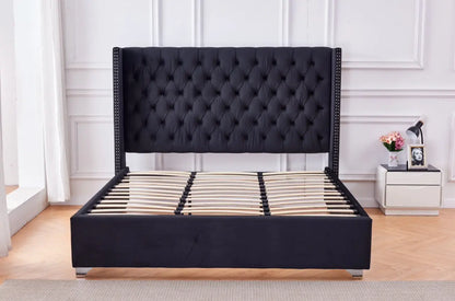 LIT DOUBLE CLOUTE CAPITONNE VELOURS NOIR ACCESS MEUBLE