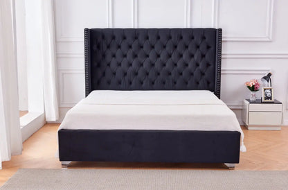 LIT DOUBLE CLOUTE CAPITONNE VELOURS NOIR ACCESS MEUBLE