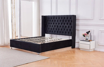 LIT DOUBLE CLOUTE CAPITONNE VELOURS NOIR ACCESS MEUBLE