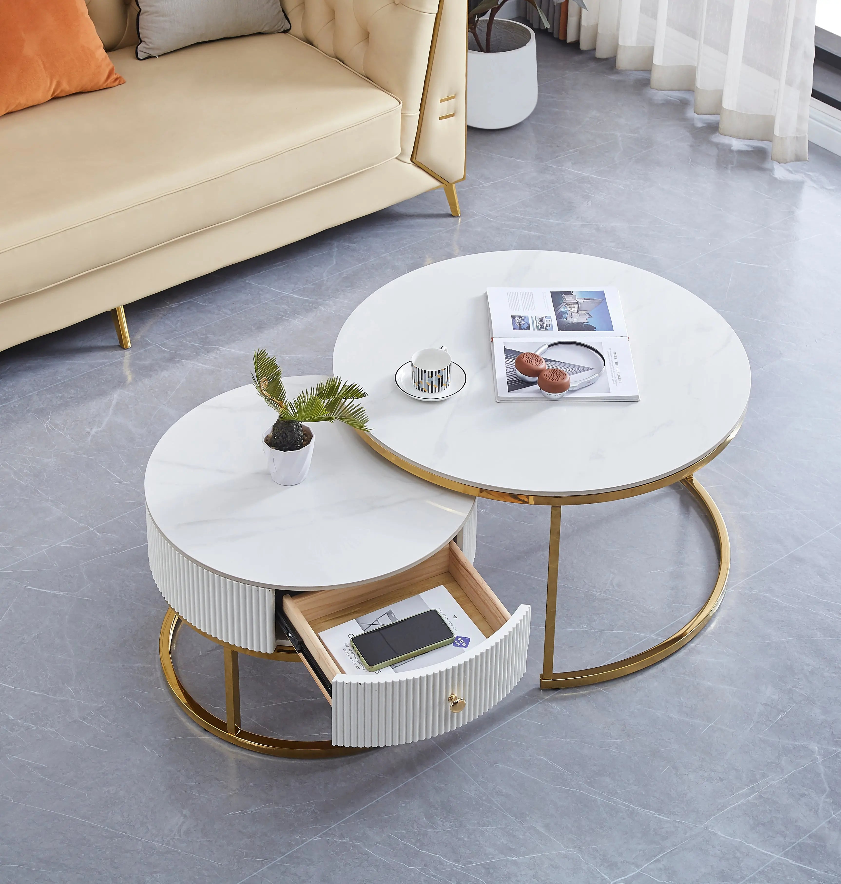 Table basse GIGOGNE SAMIRA avec tiroir céramique en marbre blanc ACCESS MEUBLE