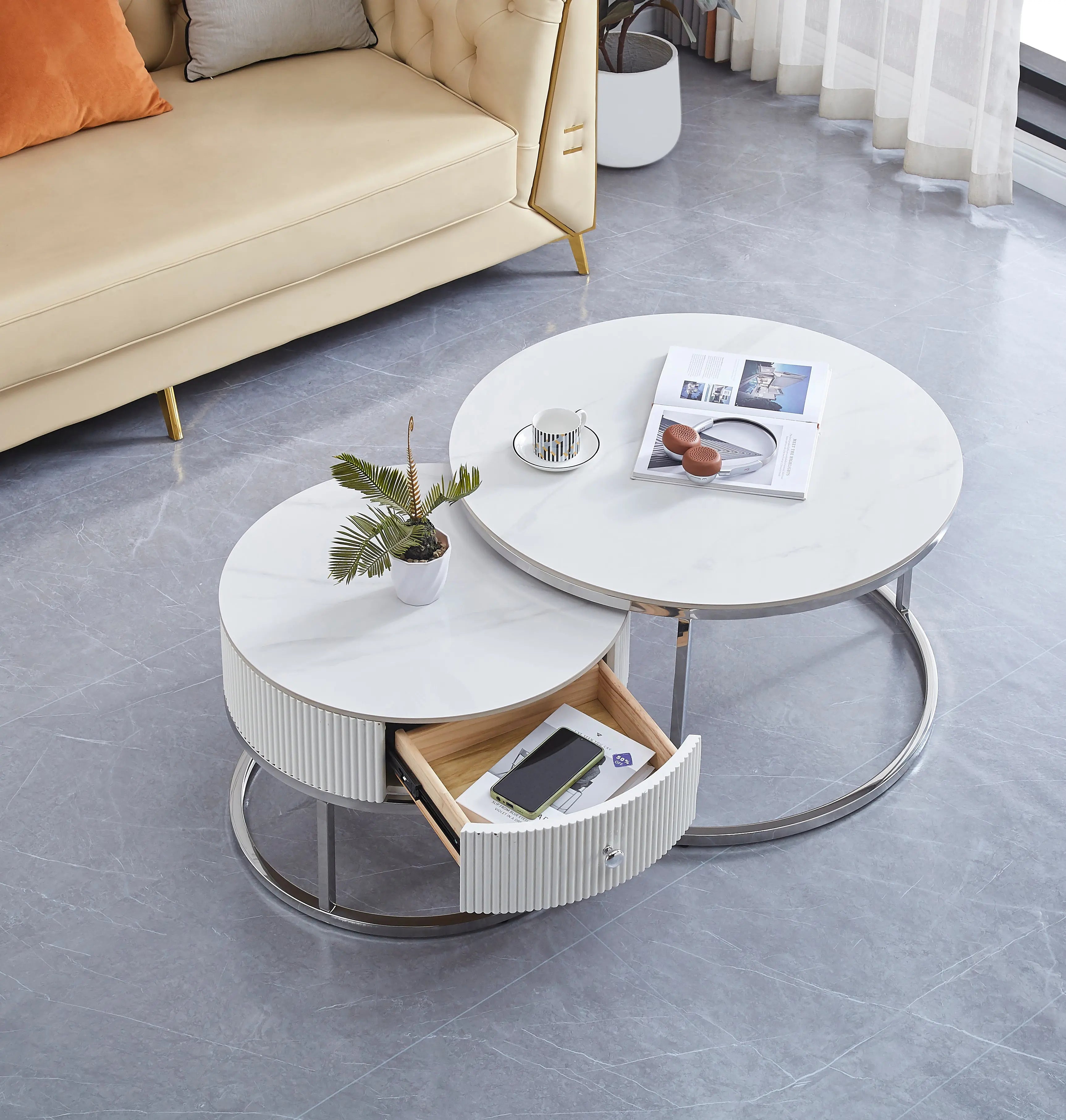 Table basse GIGOGNE SAMIRA avec tiroir céramique en marbre blanc ACCESS MEUBLE