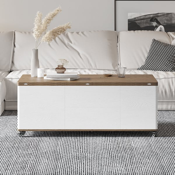 TABLE BASSE EXTENSIBLE ET RELEVABLE AVEC 3 TIROIRS, BLANC ET NOYER, MULTIFONCTIONNELLE ACCESS MEUBLE