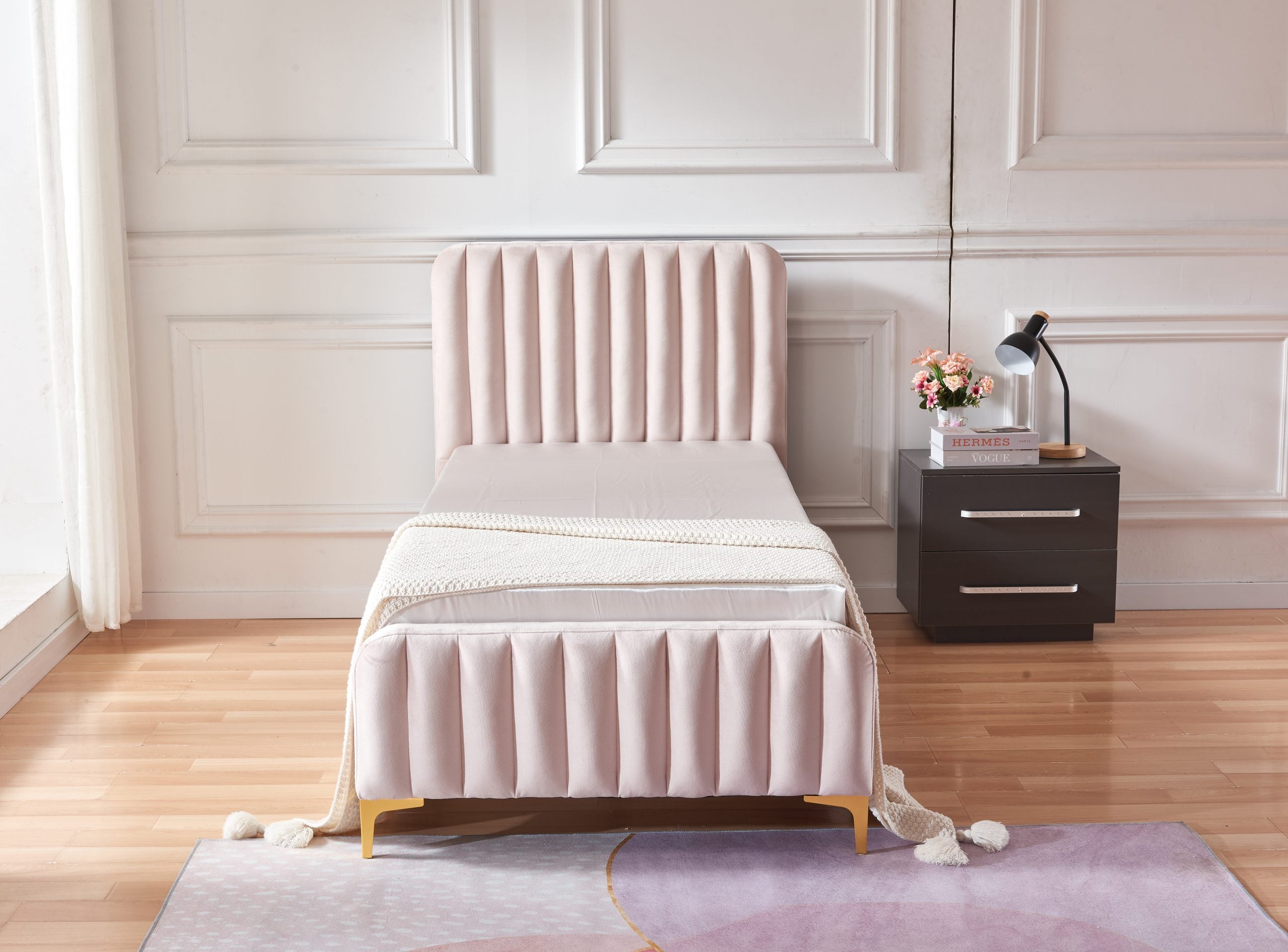 LIT FAYE CAPITONNE EN LIGNE VELOURS ROSE 90x190 cm ACCESS MEUBLE