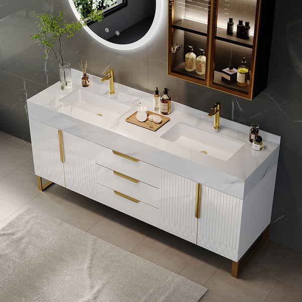 Tiroirs de salle de bain autoportants Aro à double vasque, blanc, 1500 mm, dessus en faux marbre ACCESS MEUBLE