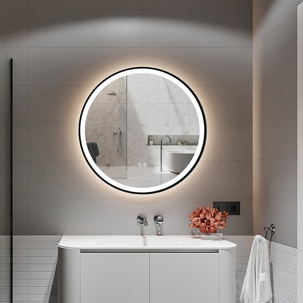 Miroirs de salle de bain encadrés noirs avec lumières Miroir mural rond de salle de bain à LED ACCESS MEUBLE