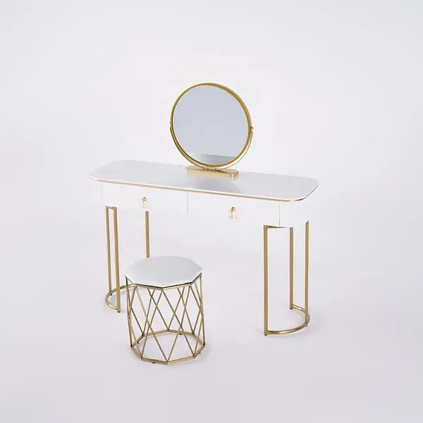 Coiffeuse ovale blanc avec 2 tiroirs miroir rotatif et tabouret ACCESS MEUBLE